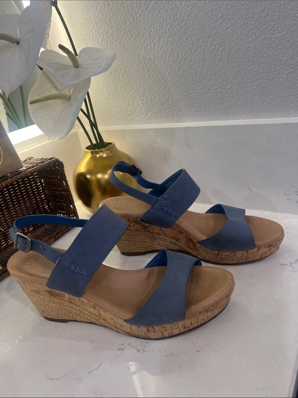UGG Elena wedge sling back sandals.  Blue suede & crook wedge. Size 10
